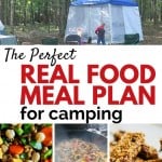 Boy in front of a tent, bean salad, and granola bars
