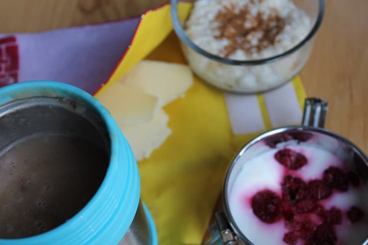 thermos of 3 bean soup with rice pudding and cheese