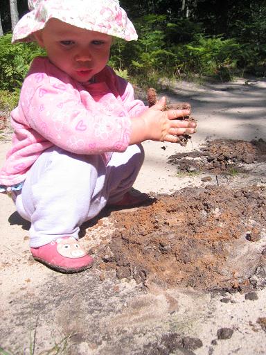 Toddler girl playing in the dirt.