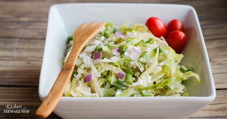 This simple salad goes together in minutes and is a welcome change from a lettuce salad each night at dinner. Cool, crisp, with a little bite, cabbage salad will refresh you, even if you don’t like coleslaw!