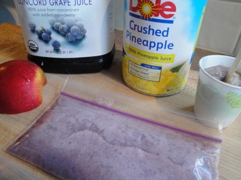ingredients for dairy-free homemade popsicles: grape juice, apple, crushed pineapple