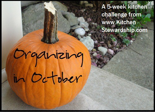 A pumpkin on a concrete step. Organizing in October - A 5-week kitchen challenge from Kitchen Stewardship.