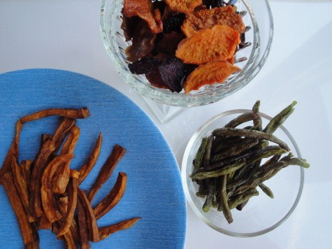 fried and dehydrated veggie snacks green beans sweet potatoes beet chips