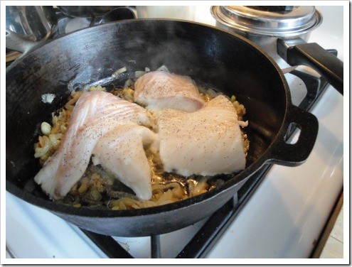 Creamy Alaskan halibut with Caramelized Onions