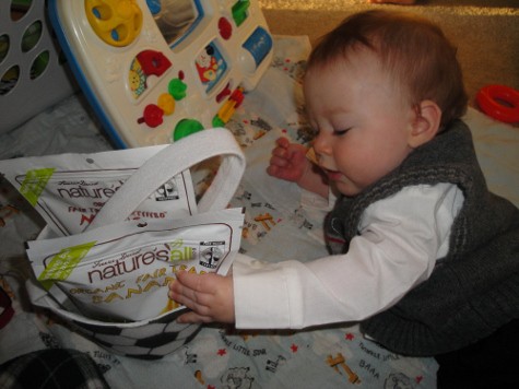toddler loves his freeze-dried fruit healthy Easter basket