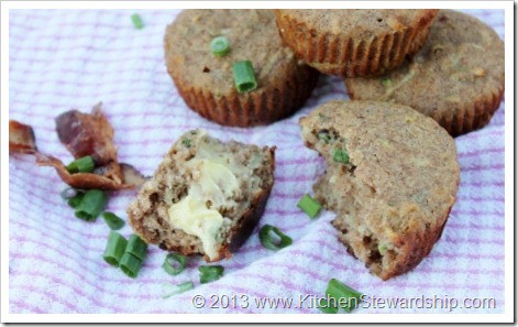100% whole grain, soaked Bacon and Green Onion GF Muffins. Use any number of gluten-free flours for this muffin recipe (or just make whole wheat if you'd rather) and enjoy a unique savory muffin with your favorite soup or dinner.