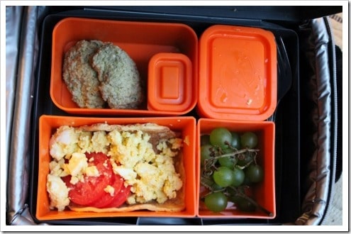 egg salad veggie nuggets grapes and yogurt Laptop lunchbox