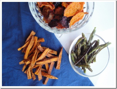 fried and dehydrated veggie snacks green beans sweet potatoes beet chips