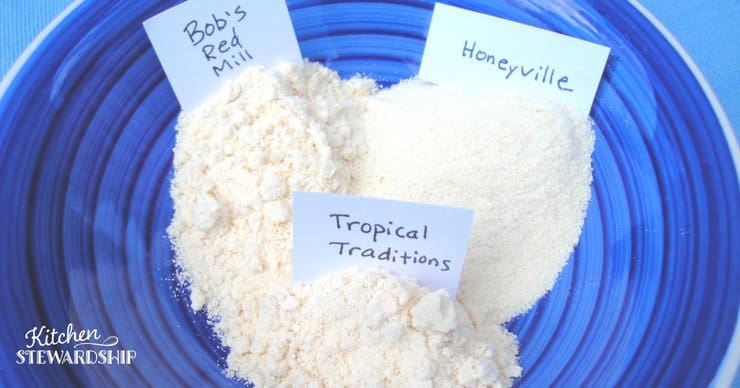 3 different brands of coconut flour compared - some more gritty than others