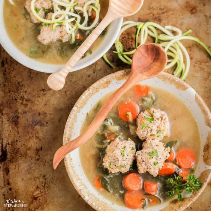 Quick Italian Wedding Meatball Zucchini Soup with Greens Recipe square