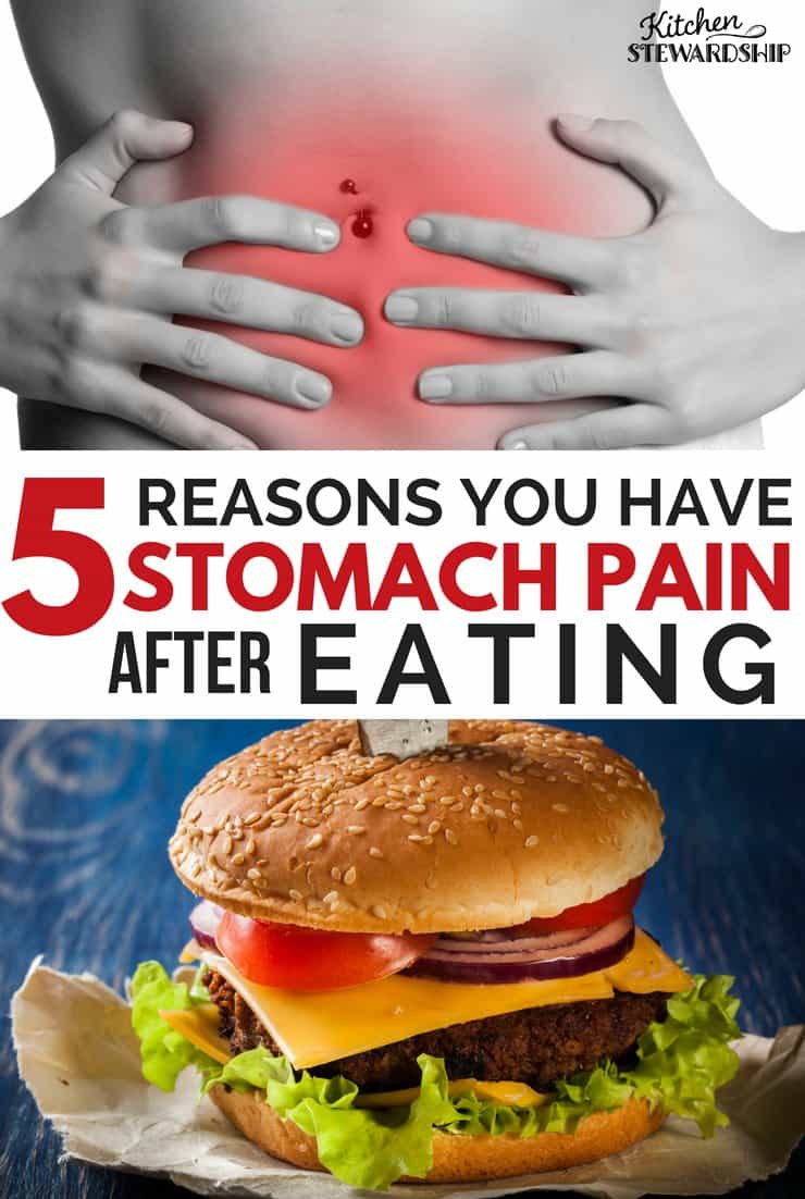 Red on a female stomach to show pain and a hamburger. 5 reasons you may have stomach pain after eating