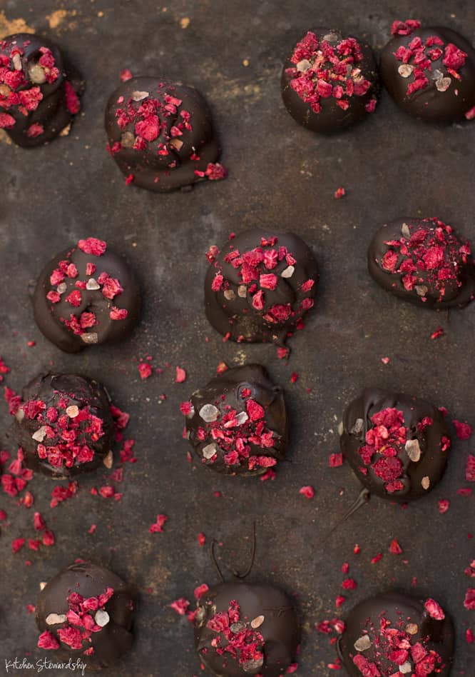 Salted Raspberry Honey Candy. Bitter chocolate, crunchy salt, tart dried raspberries, and a surprising filling of honey. Naturally beautiful and delicious. Perfect gift for your loved ones. Can even be made dairy-free.