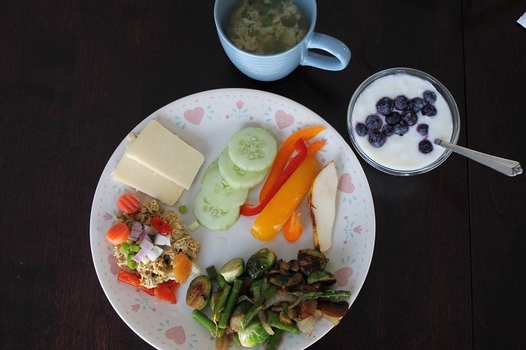 Friday meatless lunch sauteed veggies tuna cheese pear egg drop soup