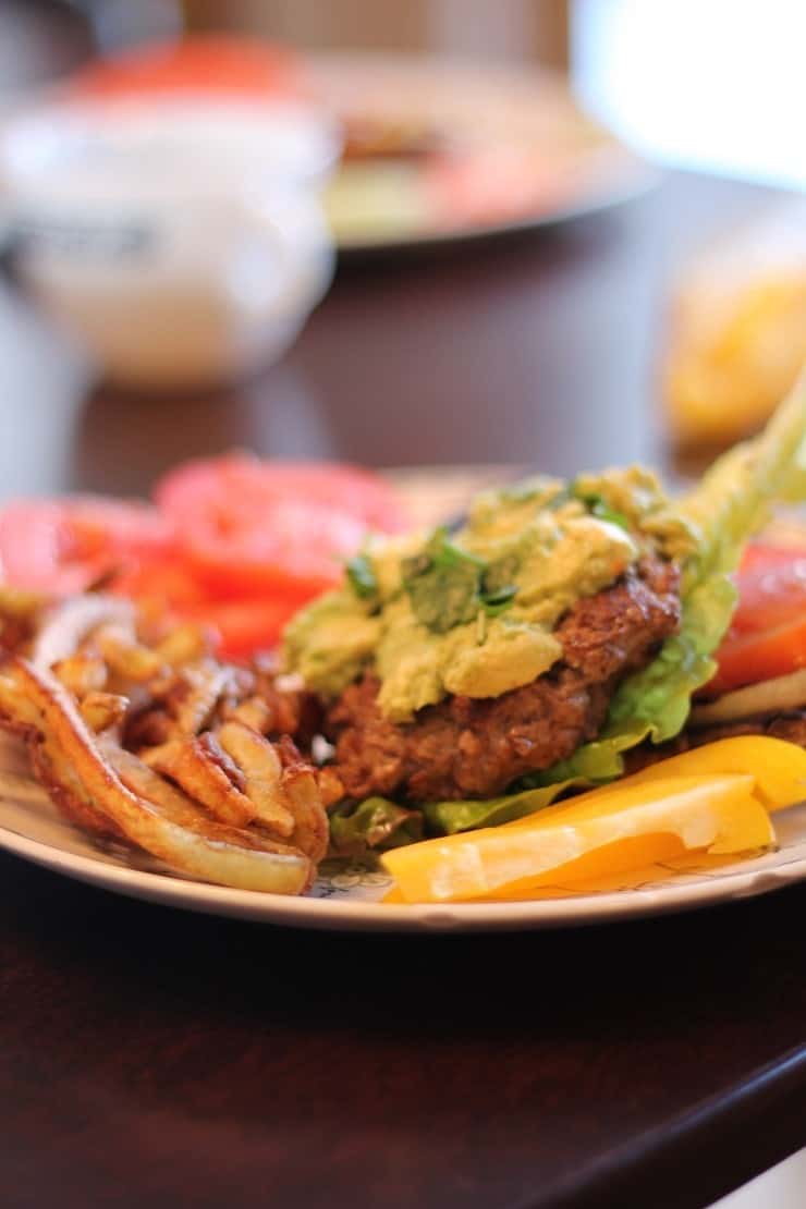 Hamburger with mushroom buns and homemade French Fries
