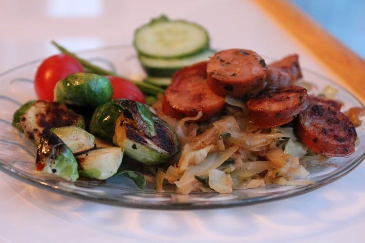 Sauteed cabbage with sausage and Brussels sprouts