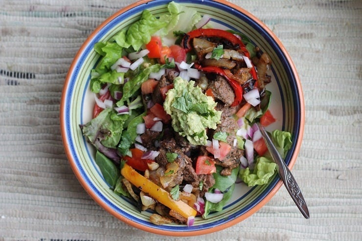 Steak fajita salad in a bowl