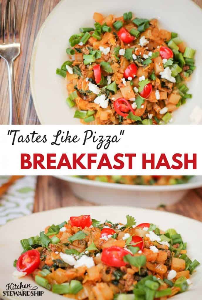 Doing a Whole30 or Paleo and tired of eggs at breakfast? This vegetable-rich hash was deemed by the KIDS as "tastes like pizza!" You won't be hungry after this unique hash (no white potatoes).