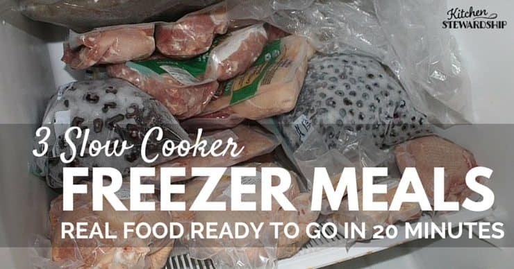 Real food has never been so easy. 20 minutes of prep work gets you 3 crockpot freezer meals. Chicken Taco Soup, Chicken Curry and Chicken Fajitas - done!