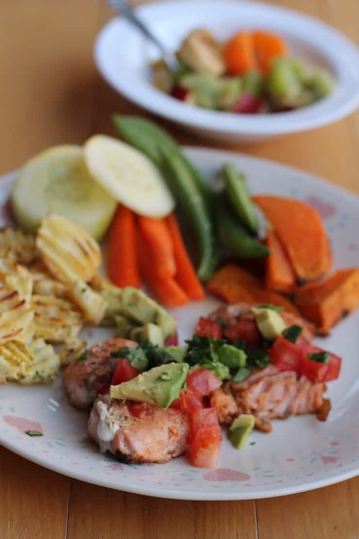 Broiled Salmon Parsnip Fries and Sweet Potato Hunks with Fruit Salad