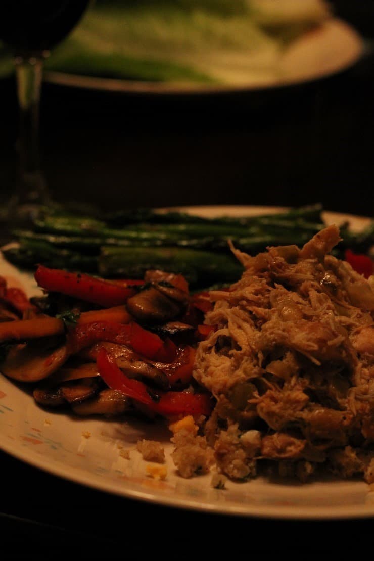 Candlelit Dinner Date of Slow Cooker Salsa Verde with Sauteed Mushrooms Red Peppers and Bacon Fr