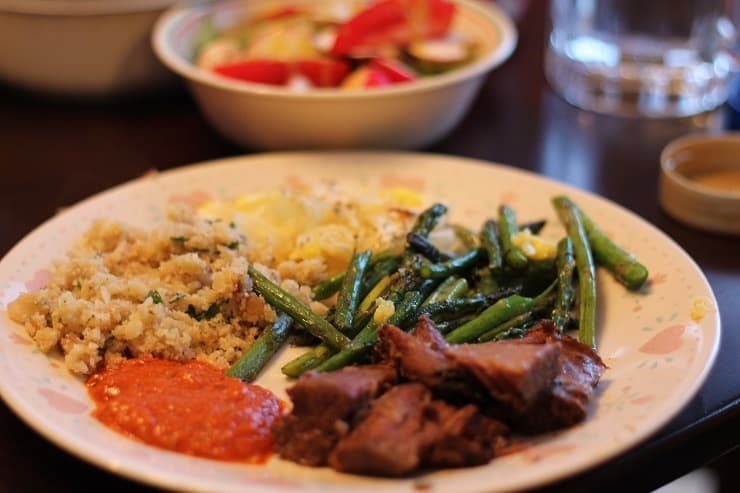 Crockpot Shredded Beef with Seasoned Cauli Rice Roasted Red Pepper Sauce and Sauteed Asparagus