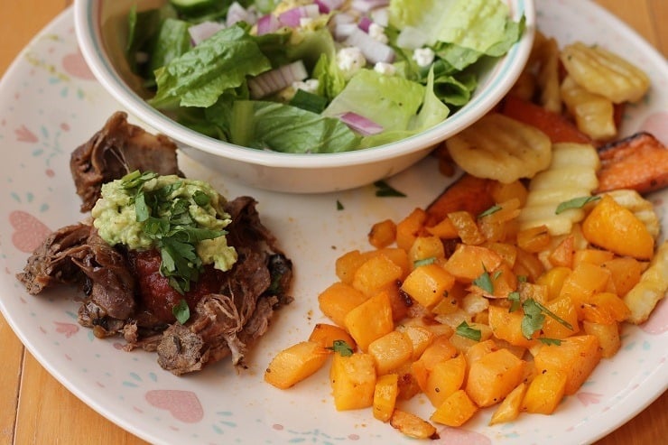 Crockpot Shredded Mexican Beef with Salsa and Avocado Parsnip Fries and Sweet Potato Wedges and