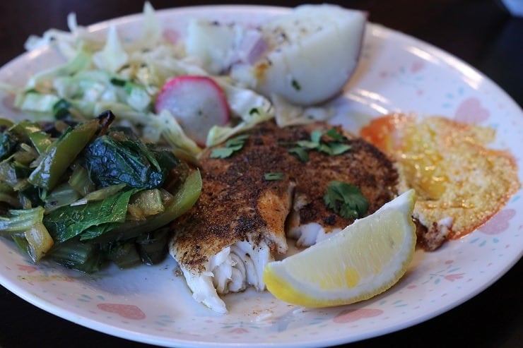 Fish with Grilled Green Pepper Mushrooms and Bok Choy plus Boiled Red Potatoes and cumin cabbage