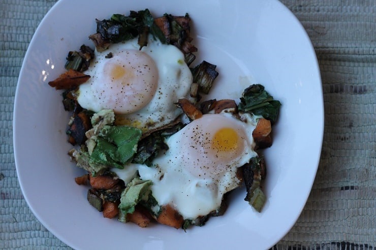 Fried Eggs over Sweet Potato and Swiss Chard Hash with Avocado