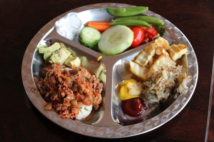 Kids Plate Sloppy Joes over Steamed Cauliflower Parsnip Fries Hashbrown Potatoes Fresh Veggies