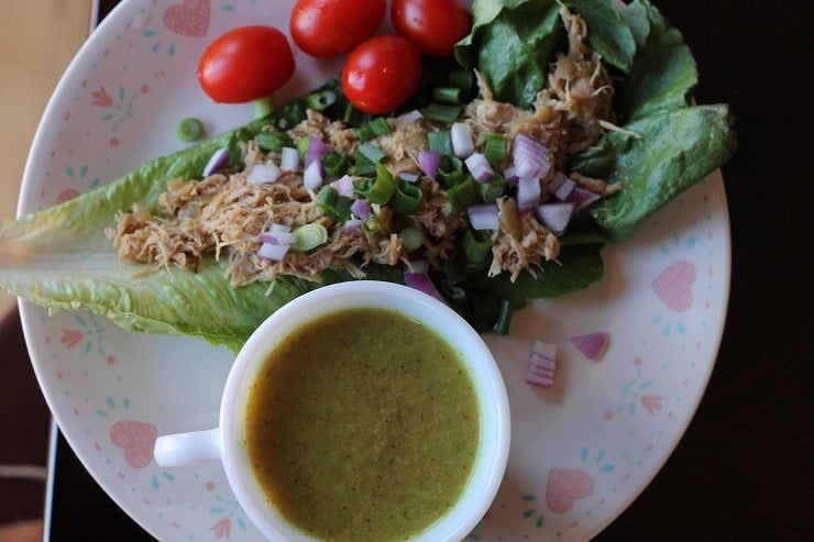 Leftover Salsa Verde Chicken in a Lettuce Leaf with Curried Broccoli Soup and Cherry Tomatoes