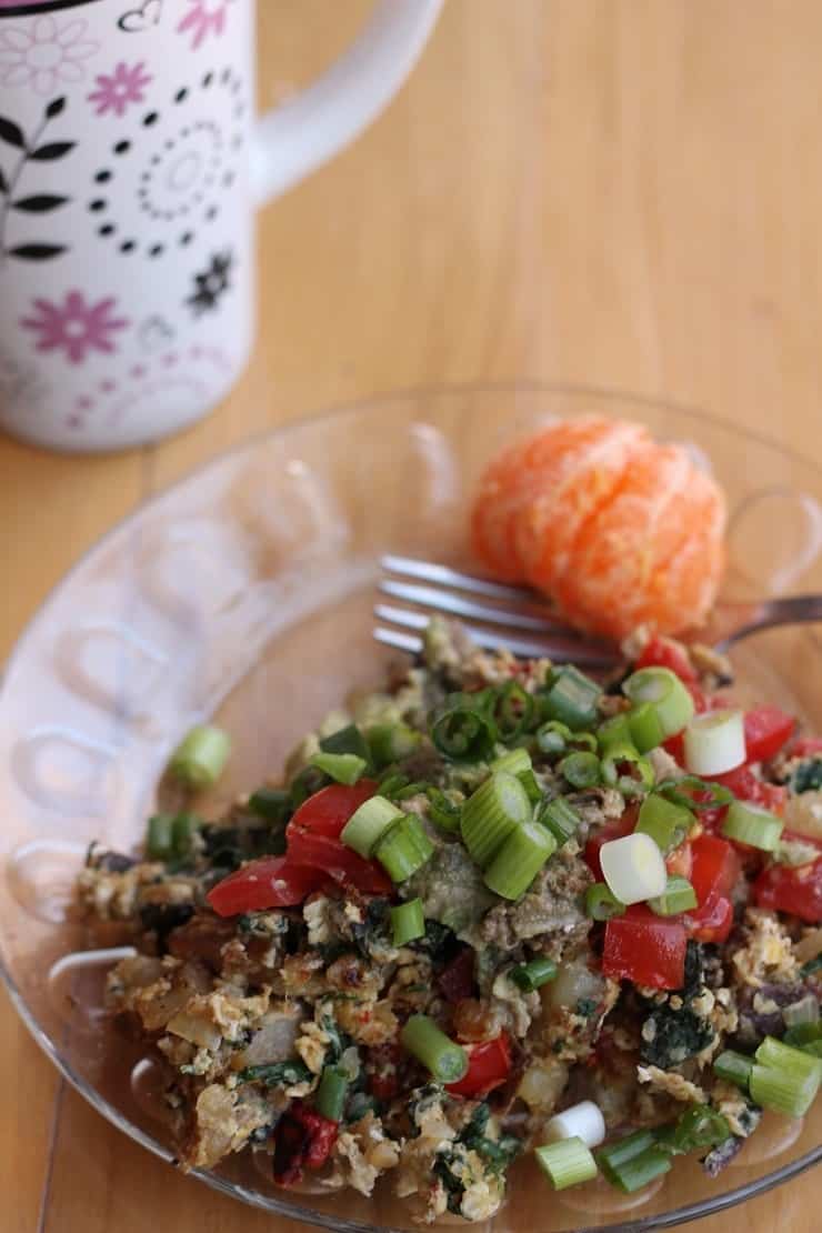 Mexican Veggies with Eggs and Fried Potatoes and Guacamole and Mug of Broth