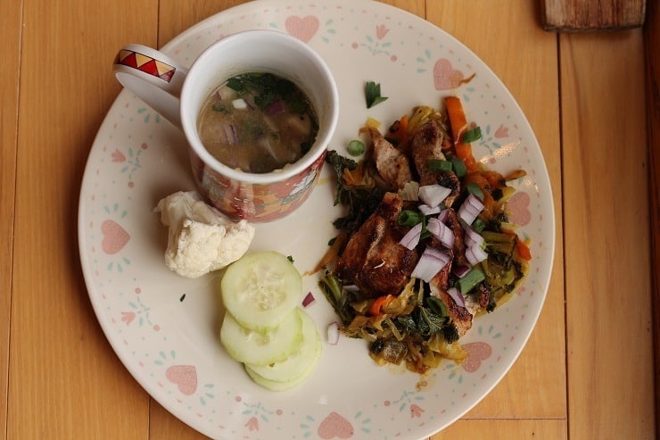Pork and Cabbage Stir Fry with Mexican Cauliflower Soup and Fresh Veggies