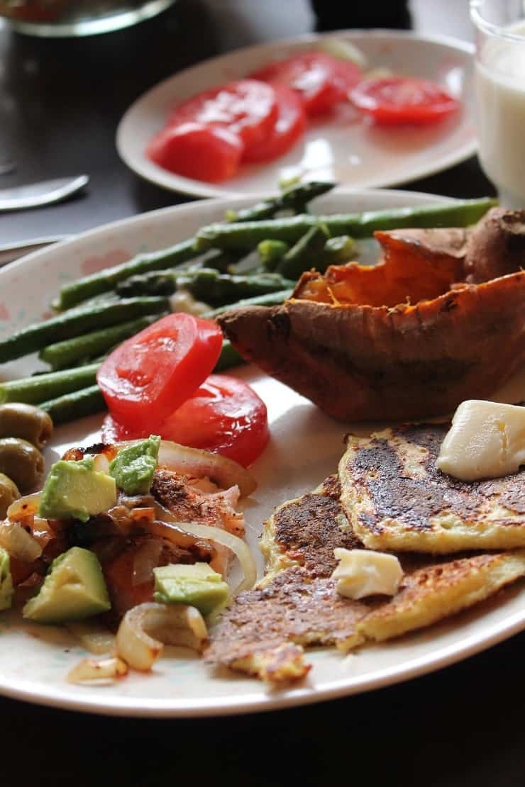 Salmon with Caramelized Onions and Diced Avocado Sauteed Asparagus Sweet Potato Olives and Cauli