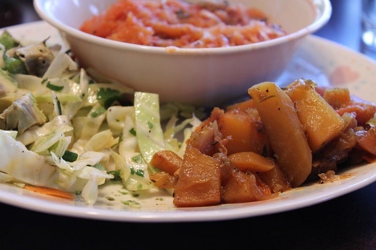 Sausage Spaghetti Squash and Braised Root Vegetables with Cumin Cabbage Salad
