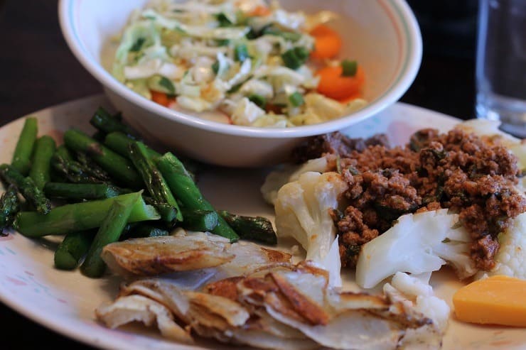 Sloppy Joes over Steamed Cauliflower with American Fried Potatoes Sauteed Asparagus and Cumin Sc