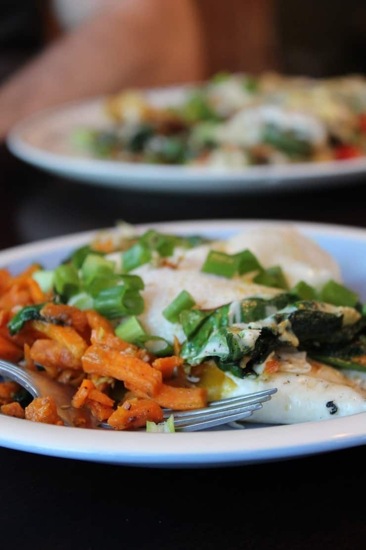 Sweet Potato Shreds with Sauteed Spinach and Soft Fried Eggs