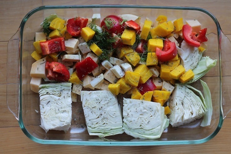 Veggies for Roasting Cabbage Wedges Golden Beets Turnips Red Pepper and Fennel leaves