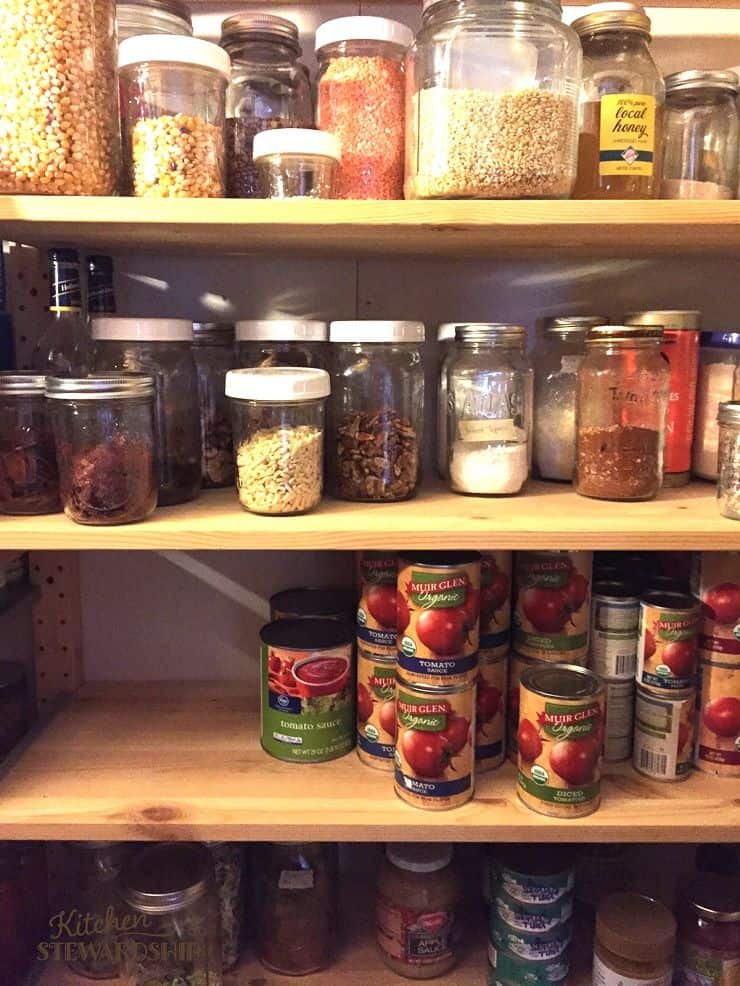 Jars and cans organized in the pantry