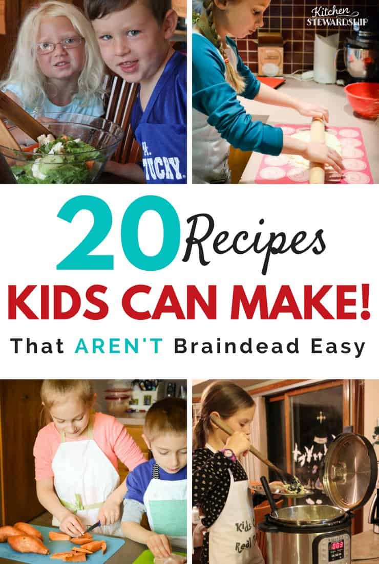 Kids making salad dressing, pizza crust, cutting sweet potatoes and stirring Instant Pot mac and cheese