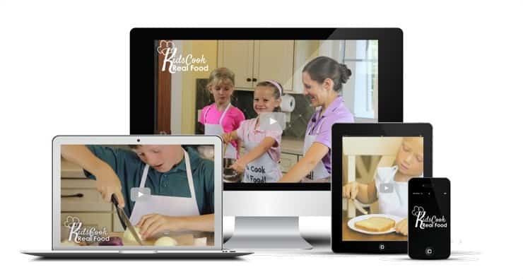 Kids Cook Real Food eCourse on a laptop, desktop, tablet and phone.