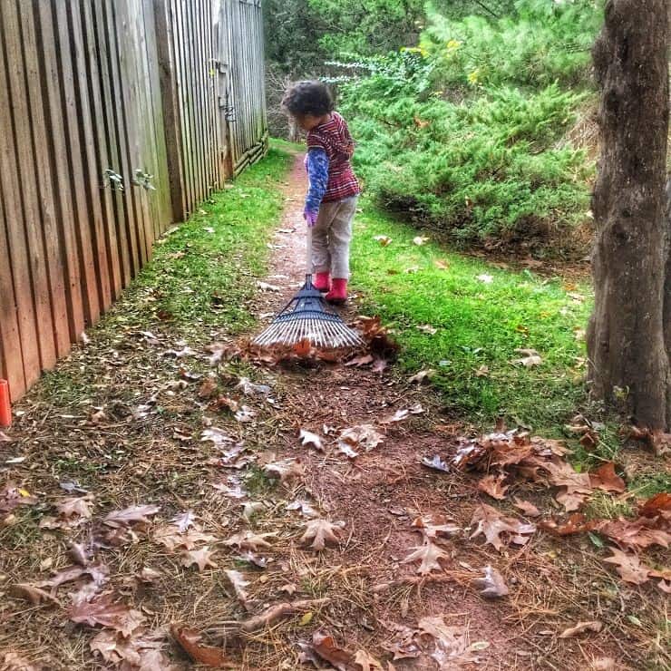 Kid raking leaves