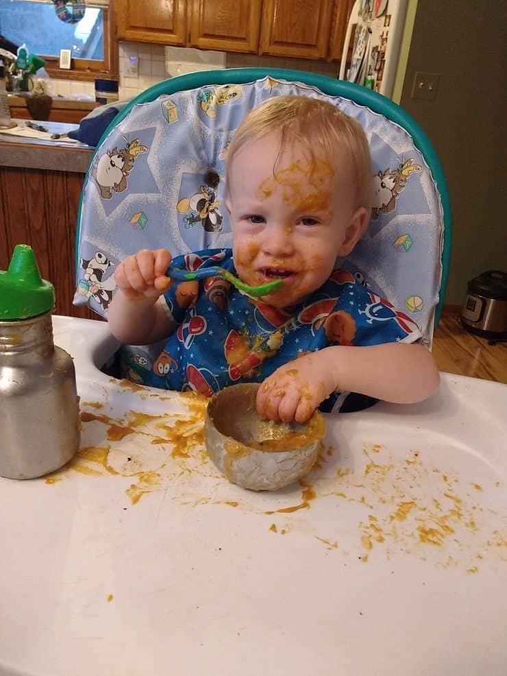 Toddler enjoys pumpkin pie grain free breakfast porridge too messy