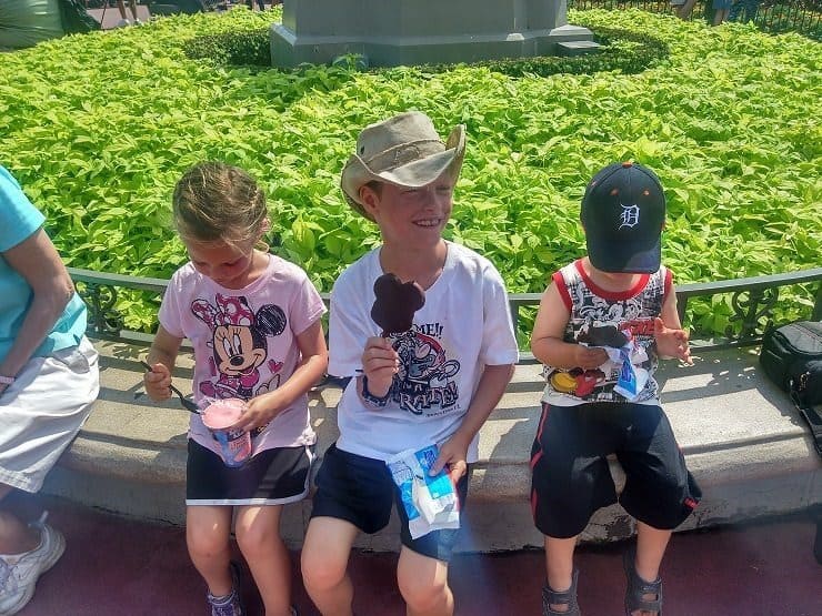 eating expensive ice cream at Disney World during a parade in 90 degree heat