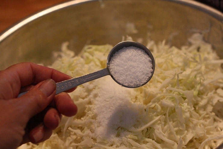 Adding salt to the cabbage to make fermented vegetables