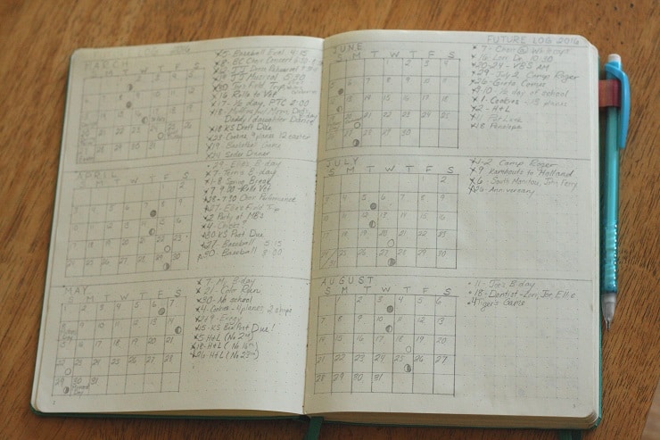 bullet journal future log and monthly calendars