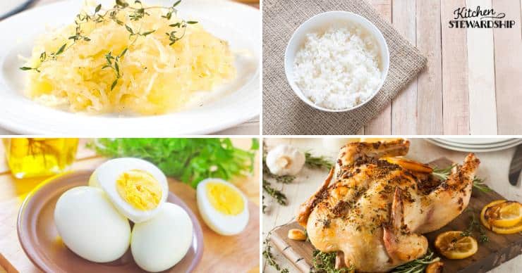 bowl of spaghetti squash, bowl of white rice, hard boiled eggs, and roasted chicken