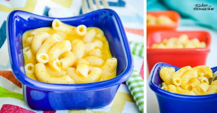 Macaroni and Cheese in a blue container