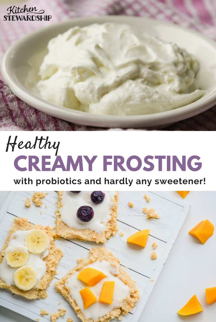 Probiotic cream cheese frosting in a bowl and on a fruit tart. 