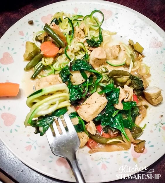 zoodle close up with chicken stir fry