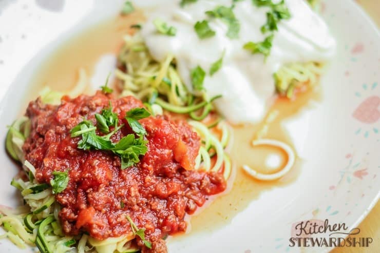 zoodle spaghetti noodles with meat and marinara sauce